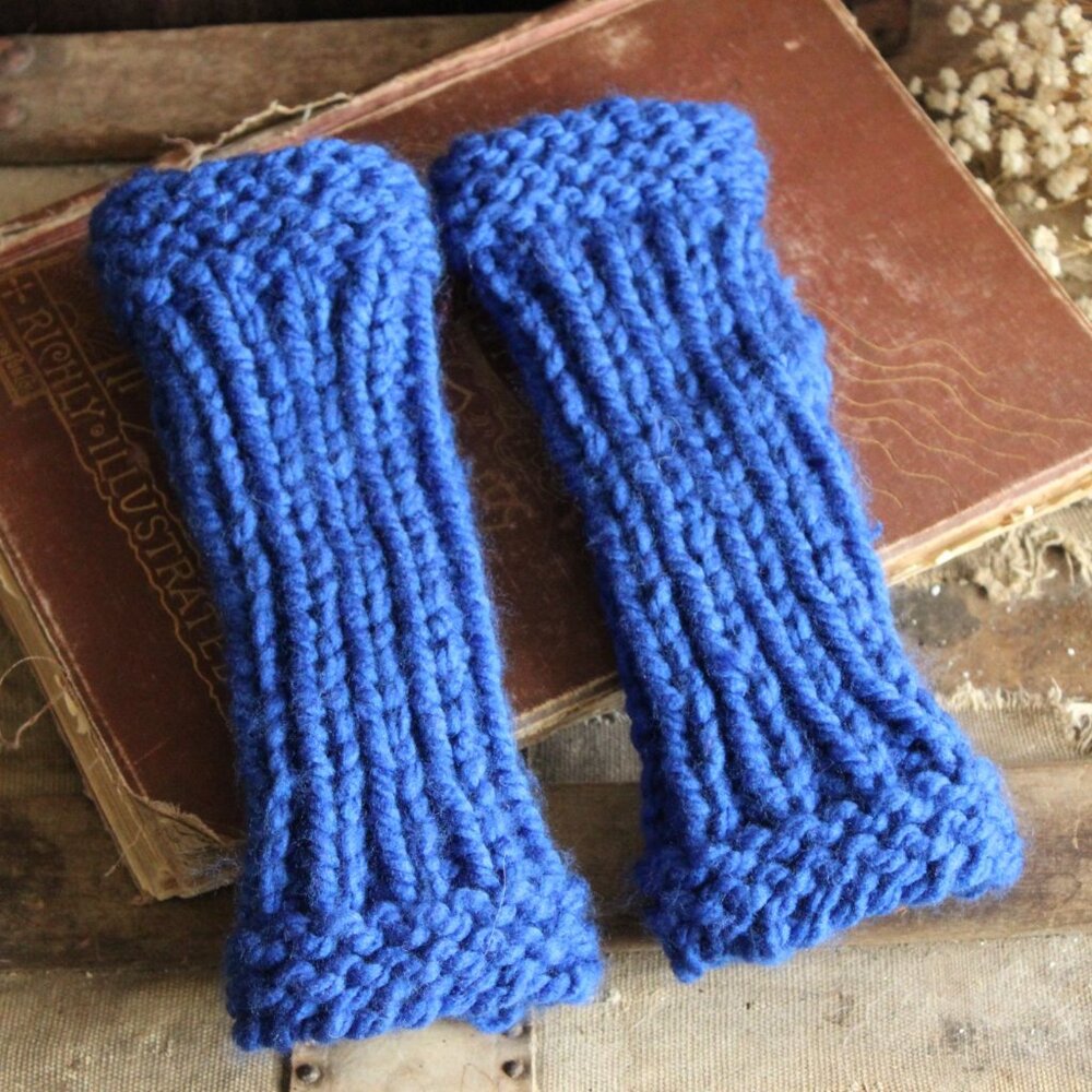 Hand Knit Fingerless Gloves, Armwarmers in Blue Yarn, Womens "Sapphire Sky" - Picture 8 of 11
